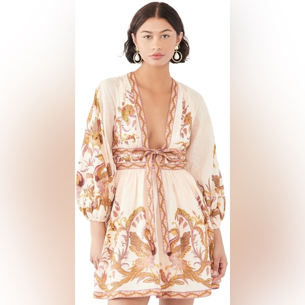 Zimmermann Cassia Plunge Bow Linen Mini Dress